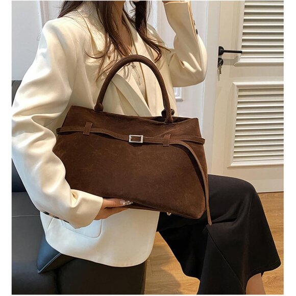 Luxury Faux Suede Tote Bag with Magnetic Closure - Effortless Elegance for Women - Picture 6 of 8